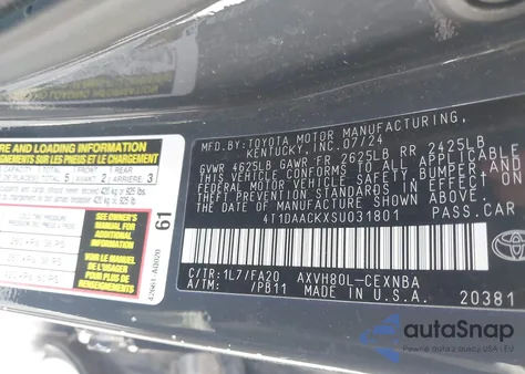 2025 Toyota Camry Le from USA, damaged, VIN 4T1DAACKXSU031801